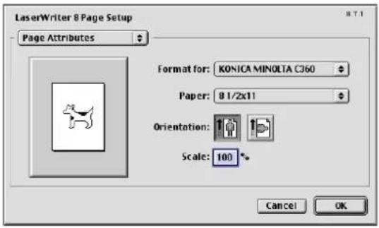LaserWriter 8 Page Setup Page Attributes Format for: KONICA MINOLTA C360 Paper: 8 1/2x11 Orientation: Scale: 100 ° Cancel OK