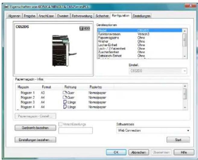 Eigenlechten von KONICA MINOLTA C652 Series PLC Allgemein Fregabe Anschlase Erweiter Farbvorwaltung Schonset Konfiguration Einstellungen C652DS Gesellschaften Umsat CNJDS Funktoraversion Version3 Papiermagazine Ohne Finisher Ohne Locher-Einheit Ohne Loch-/Z-Palzerinheit Ohne Zuschiebenet Ohne Satzkisch-Einheit Ohne Einsteil. C652DS Papiermagazin - Infos Magaan Format Richtung Paparbp Magaan 1 A3 Quer Nomopapier Magaan 2 A4 Quer Nomopapier Magaan 3 A4 Lings Nomopapier Magaan 4 A4 Lings Nomopapier Papiermagazin - Enditei... Gertranifs bestehen Verschüttelungs SoftwareTools Web Connection Einstellungen bestehen Start OK Abbrachen Übernehmen Hife