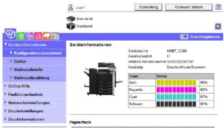user1 Abmeldung Kennwort andersn Scan-bereit Druckibereit Zum Hauptmenü Geräteinformationen Garätsname KMBT_C280 Gerätestandort H Antriebs-Senennnummer ADED022901001 Gerätsyp Drucken/Kopie/Scannen Toner Status Gelb 99% Magenta 98% Cyan 97% Schwarz 96% Papiertach