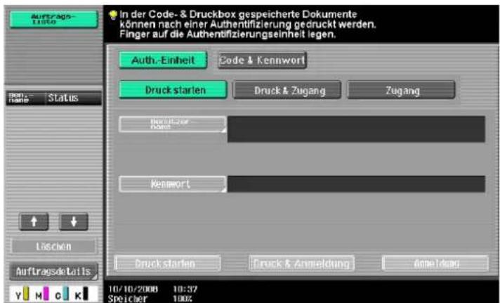 In der Code- & Druckbox gespeicherte Dokumente können nach einer Authentifizierung gedruckt werden. Finger auf die Authentifizierungseinheit legen. Auth.-Einheit Code & Kennwort Druck starten Druck & Zugang Zugang Bruchter- Bonn Kenwort Druck starten Druck & Anmeldung Anmeldant 10/10/2008 10:37 Speicher 100%