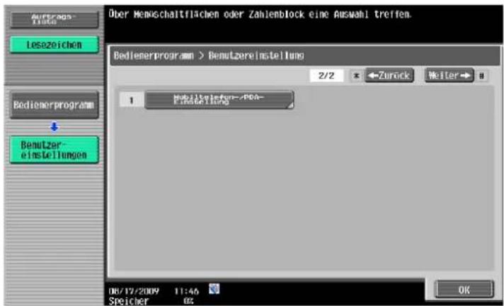 Auftrags- Tizen Lesezeichen Bedienerprogramm Benutzer- einstellungen Over Menschaltflächen oder Zahlentblock eine Auswahl treffen. Bedienerprogramm > Benutzereinstellung 2/2 Zurück Meiter 1 MobileInfoore-/PGA- Forderung 06/17/2009 11:46 Speicher 02 OK