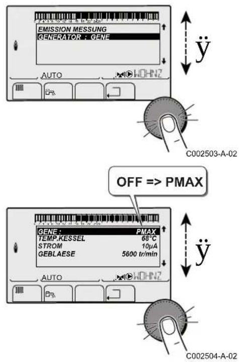 EMISSION MESSUNG GENERATOR : GENE AUTO C002503-A-02 OFF => PMAX GENE : PMAX TEMP.KESSEL 68°C STROM 10μA GEBLAESE 5600 tr/min AUTO C002504-A-02