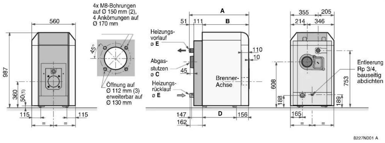 4x M8-Bohrungen auf Ø 150 mm (2), 4 Ankörnungen auf Ø 170 mm 987 360 50(1) 115 = 115 45° Öffnung auf Ø 112 mm (3) erweiterbar auf Ø 130 mm A B Heizungs- vorlauf ø E Abgas- stutzen ø C 45 Heizungs- rücklauf ø E Brenner- Achse 110 10 147 162 D 156 355 205 214 346 608 188 189 165 = = Entleerung Rp 3/4, bauseitig abdichten 8227N001 A