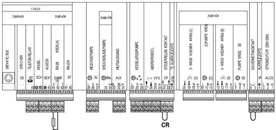 FÜHLER ZUBEHÖR ZUBEHÖR DIEVATIC BUS SPECHER SB RT 4968 152 TELEFON RELAIS KESSEL SCH AUSEN SEXT RAUM KAES (A) SAMB (A) SAMB (A) RAUCH SF 41 40 HEIZUNGSPUMPE (A) L N 39 38 37 SPECHERLADEPUMPE (E) 35 34 33 32 31 HILFAUSGANG AUX KL NL 33 32 31 KESSELKREISPUMPE L N 30 29 28 ABSPPERRVENTIL (VI) 27 26 25 24 CR 23 22 21 STEUERRELAIKS KONTAKT TS ALARMLEUCHTE ZUBEHÖR 3- WEGE MISCHER KREES (C) (C) PUMPE KREES 20 19 18 17 (C) PUMPE KREES (B) 13 12 11 10 (P) PUME KREES (B) 9 8 7 (SICHERHETSKONTAKT 6 5 ALARMLEUCHTE ALICS STRONZUFÜHR 230V-50Hz CR