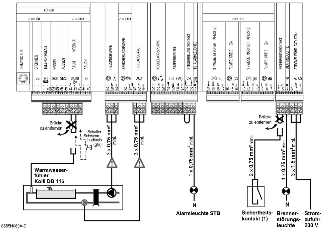 FÜHLER ZUBEHÖR ZUBEHÖR DIEMATIC BUS SPEICHER RT TELEFOX RELAIS KESSEL SCH AUSSSEN SEXT RAUM KRES (A) SAMB (A) 2 1 44 43 42 41 40 SF HEIZUNGSPUMPE (A) L N+ 39 38 37 SPEICHERLADEPUMPE (NL 35 34 33 32 31 AUX KL NL+ 30 29 28 ABSPEFFRENTIL (VI) 27 26 25 24 CR 23 22 21 STEUERRELAS KONTAKT TS ALARMLEUCHTE ZUBEHÖR 3 - WEIGE MISCHER KREIS (C) (C) PUMPE KREIS (C) (B) 3 - WEIGE MISCHER KREIS (B) (B) PUMPE KREIS (B) (B) SICHERHEITSKONTAKT ALARMLEUCHTE ALICS STRONZUFÜHR 230V-50Hz Brücke zu entfemen Schalter Schwimm-backreis (gfls) Warmwasser-fühler Kolli DB 116 N Alarmleuchte STB Brücke zu entfemen 2 x 0,75 mm² mini. Mini. 1 x 0,75 mm² mini. N Sichertheits-kontakt (1) Brenner-störungs-leuchte Strom-zufuhr 230 V 8555N080A-D