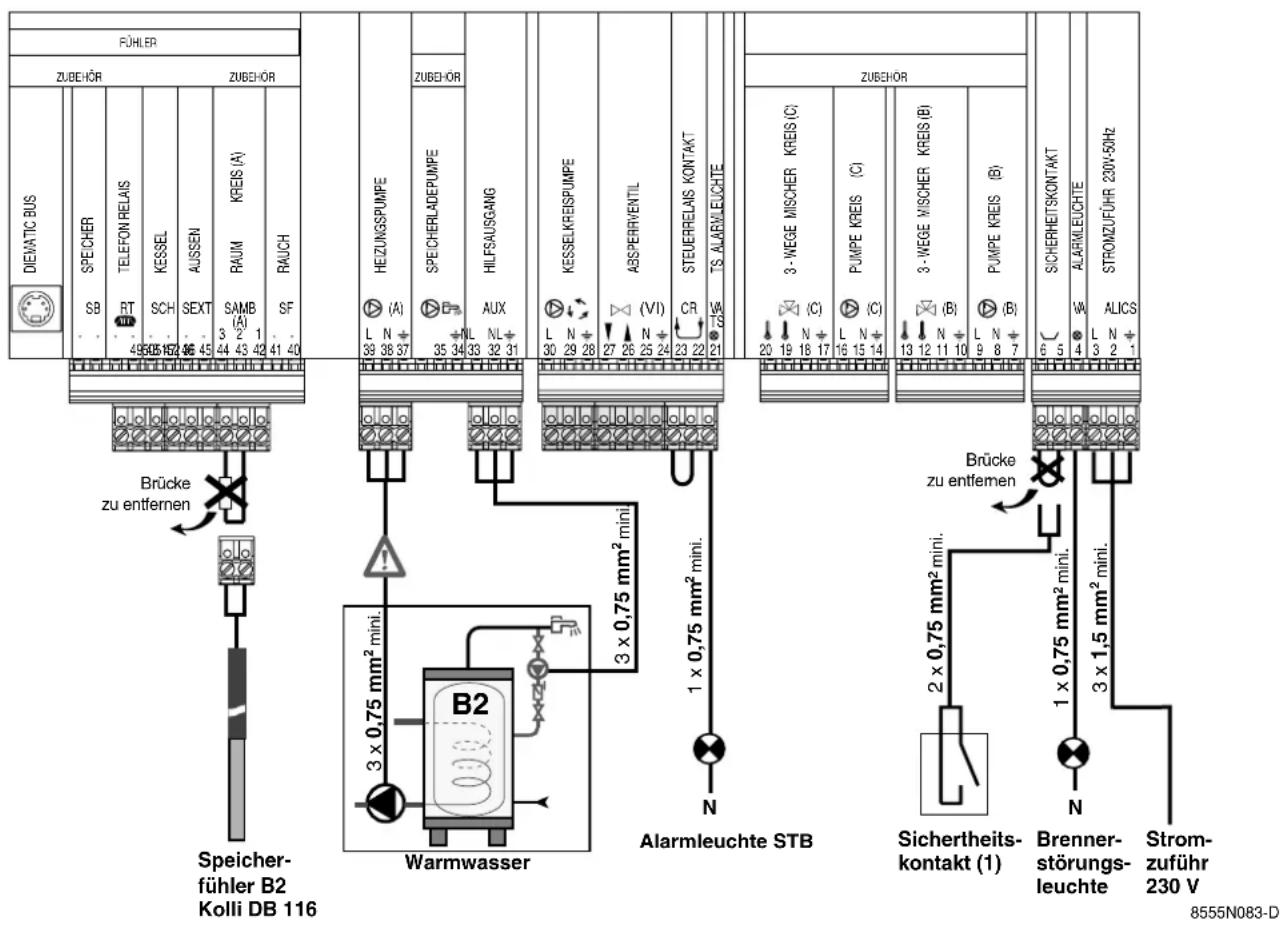 FÜHLER ZUBEHÖR ZUBEHÖR DIEVATIC BUS SPECHER SB RT 49505152 TELEFON RELAIS KESSEL SCH AUSSEN SEXT 36 45 RAUM KAEB SAMB (A) 3 2 1 44 43 42 41 40 RAUCH SF HEIZUNGSPUMPE (A) L N 39 38 37 SPECHERLADEPUMPE (B) NL 35 34 33 32 31 HILFSAUSGANG AUX NL 32 31 KESSELKREISPUMPE (L N 30 29 28 ABSPEERVENTIL (VI) 27 26 25 24 STEUERRELAI S KONTAKT CR 23 22 21 TS ALARMLEUCHTE ZUBEHÖR 3-WEGE MISCHER KREIS (C) (C) 20 19 18 17 PUMPE KREIS (C) (L N 16 15 14 3-WEGE WISCHER KREIS (B) (B) 13 12 11 10 PUMPE KREIS (B) (N) 8 7 SICHERHEITSKONTAKT W ALARILEUCHTE 6 5 ALICS STROMZUFÜHR 230V-5Hz Brücke zu entfernen Speicher- fühler B2 Kolli DB 116 Warmwasser B2 Alarmleuchte STB N Brücke zu entlemen Sichertheits- kontakt (1) Brenner- störungs- leuchte 3 x 1,5 mm² mini. 1 x 0,75 mm² mini. 3 x 0,75 mm² mini. 2 x 0,75 mm² mini. 1 x 0,75 mm² mini. 3 x 1,5 mm² mini. Strom- zuführ 230 V 8555N083-D