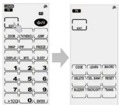 LEARN Y/Y EXIT ZOOM /TV/VIDEO JUMP SWAP /PIP FREEZE DISPLAY / MTS SLEEP 1 2 3 4 5 6 7 8 9 +100/ 0 ENTER CODE LEARN MACRO DELETE DEL BANK RESET BUZZER BACKLIGHT TRANS. EXIT