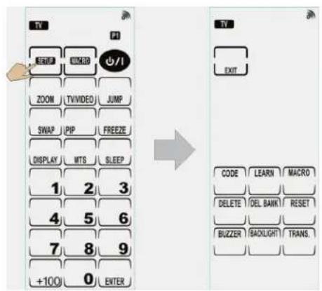 TV SET OK OFF ZOOM TVVIDEO JUMP SWAP PIP FREEZE DISPLAY MTS SLEEP 1 2 3 4 5 6 7 8 9 +100 0 ENTER → TV EXIT CODE LEARN MACRO DELETE DEL BANK RESET BUZZER BACKLIGHT TRANS. 0 ENTER