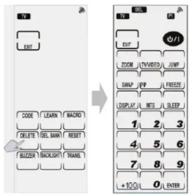TV EXIT CODE LEARN MACRO DELETE DEL BANK RESET BUZZER BACKLIGHT TRANS. DEL TV PI EXIT ZOOM TVVIDEO JUMP SWAP IPF FREEZE DISPLAY MTS SLEEP 1 2 3 4 5 6 7 8 9 +100 0 ENTER