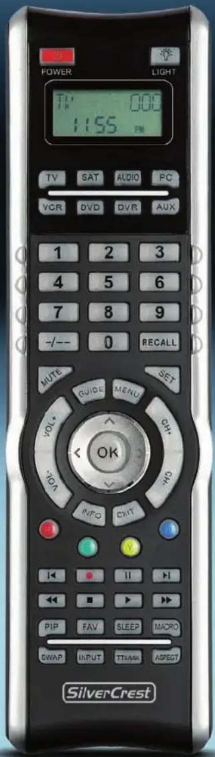 POWER TV 003 1:55 PM SAT AUDIO PC VCR DVD DVR AUX 1 2 3 4 5 6 7 8 9 -/- 0 RECALL MUTE SET GUIDE MENU VOL* CH* VOL* HO IVPO EXIT OK SilverCrest