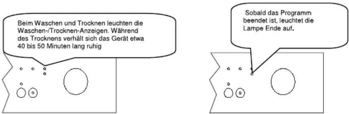 Beim Waschen und Trocknen leuchten die Waschen-/Trocknen-Anzeigen. Während des Trocknens verhält sich das Gerät etwa 40 bis 50 Minuten lang ruhig Sobald das Programm beendet ist, leuchtet die Lampe Ende auf.