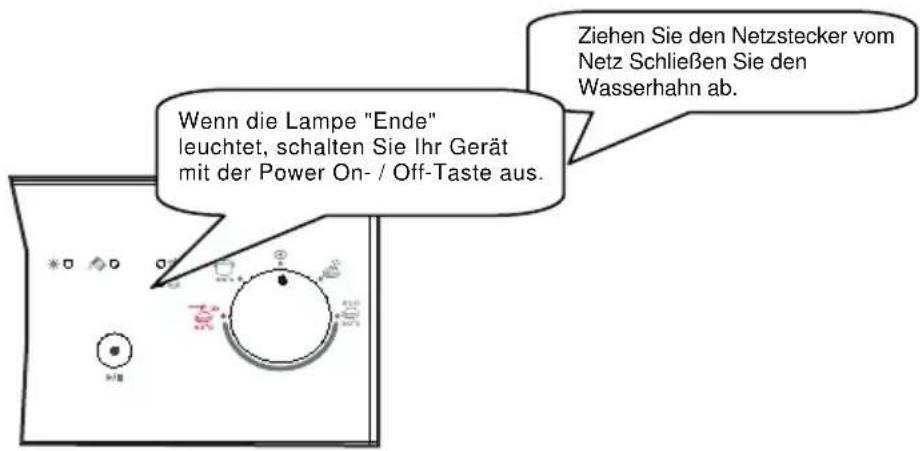 Wenn die Lampe "Ende" leuchtet, schalten Sie Ihr Gerät mit der Power On- / Off-Taste aus. Ziehen Sie den Netzstecker vom Netz Schließen Sie den Wasserhahn ab.