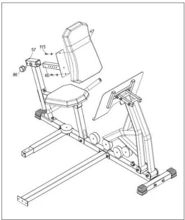 Technical line drawing of a stationary exercise machine with labeled components and numbered parts