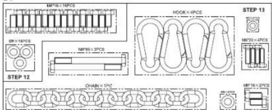 MP18×16PCS MP18×16PCS MP18×3PCS HOOK×4PCS STEP 12 STEP 13 MP20×4PCS MP20×3PCS CHAIN×5PCS MP18×2PCS