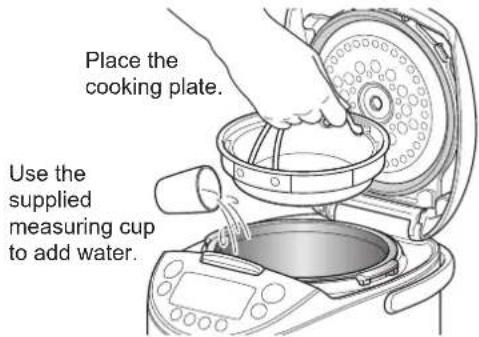 Tiger JKT-S10S - Add water to the inner pot and place the cooking plate inside. - 1