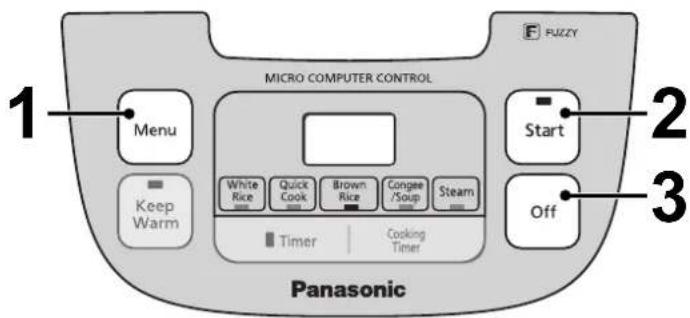 F UZZY MICRO COMPUTER CONTROL 1 Menu Keep Warm White Rice Quick Cook Brown Rice Congee /Soup Steam Timer Cooking Timer Panasonic Start Off 2 3