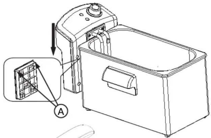 Technical diagram of a device with labeled component A, showing internal structure and assembly steps