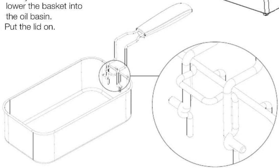 lower the basket into the oil basin. Put the lid on.