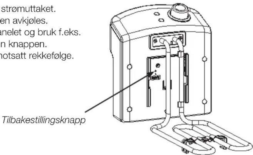 strømuttaket. en avkjøles. anelet og bruk f.eks. n knappen. hotsatt rekkefølge. Tilbakestillingsknapp