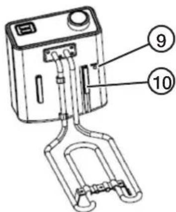 Technical diagram of a device with numbered parts labeled 9 and 10, showing internal components and tubing.