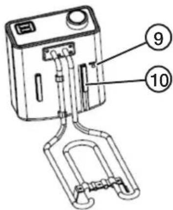 Technical diagram of a device with numbered parts labeled 9 and 10, showing internal components and tubing.