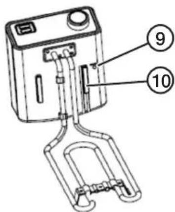 Technical diagram of a device with numbered parts labeled 9 and 10, showing internal components and tubing.