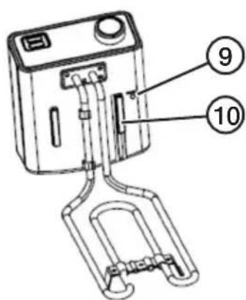 Technical diagram of a device with numbered parts labeled 9 and 10, showing internal components and tubing.