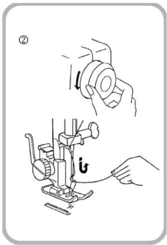 Diagram illustrating sewing process with labeled parts and directional arrows, showing hands operating a sewing machine.