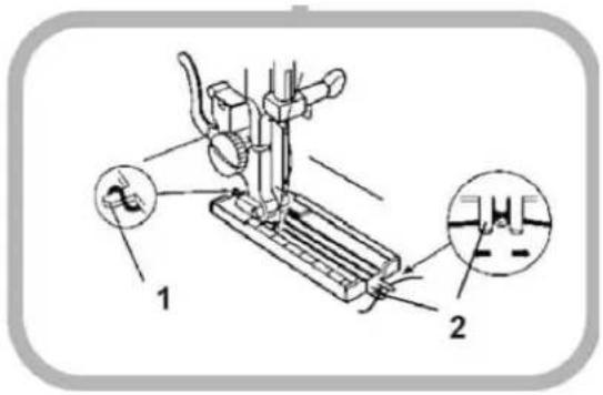 Technical diagram of a sewing machine with labeled parts and close-ups showing measurement details