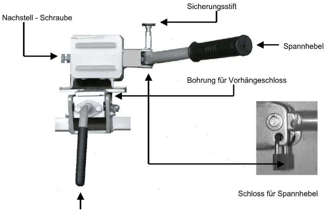 Nachstell - Schraube Sicherungsstift Spannebel Bohrung für Vorhängeschloss Schloss für Spannebel