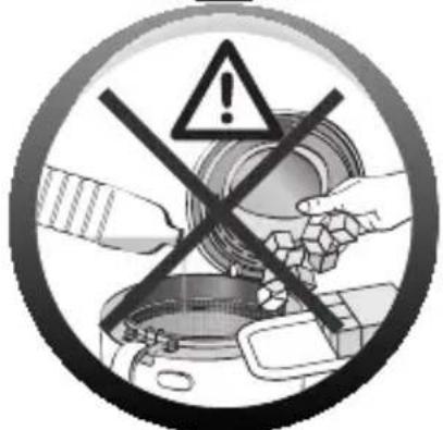 Warning sign with exclamation mark, crossed over a trash can and hand holding waste container