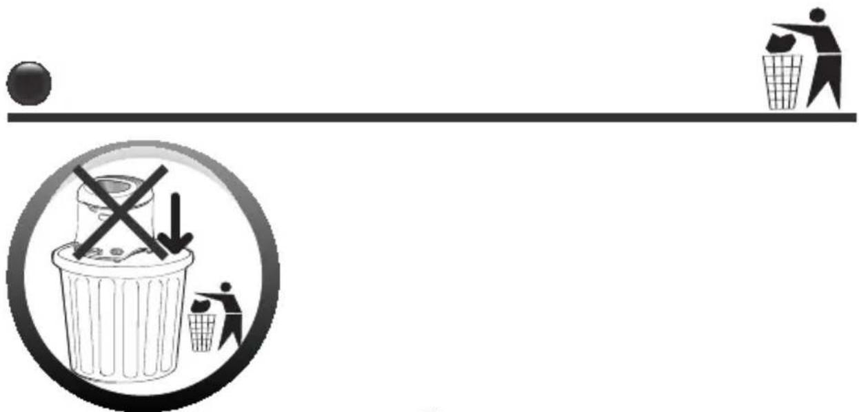 Diagram illustrating a waste sorting process with a trash bin, a crossed-out 'X' symbol, and a person sweeping the bin, alongside a ball.