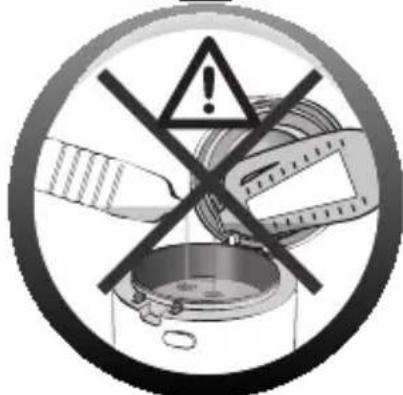 Warning symbol with crossed-out exclamation mark, indicating hazardous material or safety warning