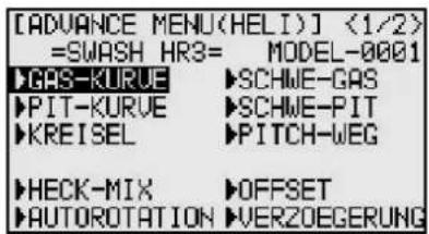 FUTABA T10CHG - FUNKTIONEN HELI-ADVANCED-MENÜ 1/2 - 1