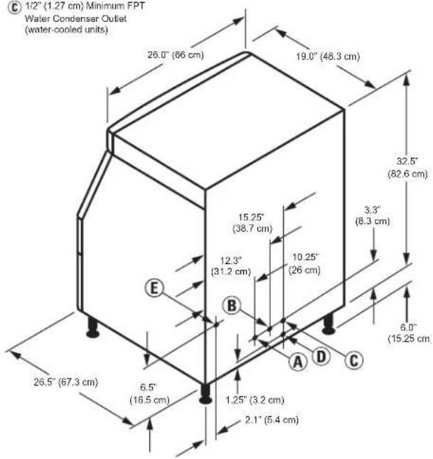 C 1/2" (1.27 cm) Minimum FPT Water Condenser Outlet (water-cooled units) 26.0" (66 cm) 19.0" (46.3 cm) 32.5" (82.6 cm) 15.25" (38.7 cm) 3.3" (8.3 cm) 12.3" (31.2 cm) 10.25" (26 cm) E B A D C 6.0" (15.25 cm) 26.5" (67.3 cm) 6.5" (16.5 cm) 1.25" (3.2 cm) 2.1" (5.4 cm)