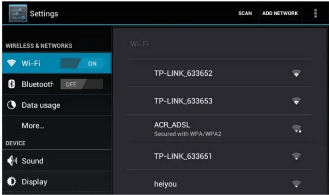 Settings SCAN ADD NETWORK WIRELESS & NETWORKS Wi-Fi ON Bluetooth OFF Data usage More... DEVICE Sound Display Wi-Fi TP-LINK_633652 TP-LINK_633653 ACR_ADSL Secured with WPA/WPA2 TP-LINK_633651 heiyou