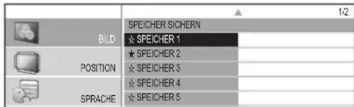 1/2 SPEICHER SICHERN BILD ★ SPEICHER 1 POSITION ★ SPEICHER 2 ★ SPEICHER 3 SPRACHE ★ SPEICHER 4 ★ SPEICHER 5