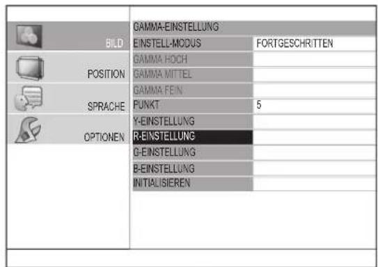 BILD POSITION SPRACHE OPTIONEN GAMMA-EINSTELLUNG EINSTELL-MODUS FORTGESCHRITTEN GAMMA HOCH GAMMA MITTEL GAMMA FEIN PUNKT 5 Y-EINSTELLUNG R-EINSTELLUNG G-EINSTELLUNG B-EINSTELLUNG INITIALISIEREN