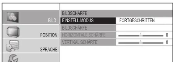 BILD BILDSCHARFE EINSTELL-MODUS FORTGESCHRITTEN POSITION HIBLDSCHARFE VERTIKAL SCHÄRFE SPRACHE