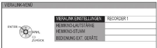 VIERALINK-MENU ENTER WHL ZURÜCK VIERALINK EINSTELLUNGEN RECORDER 1 HEIMKINO-LAUTSTÄRKE HEIMKINO-STUMM BEDIENUNG EXT. GERÄTE