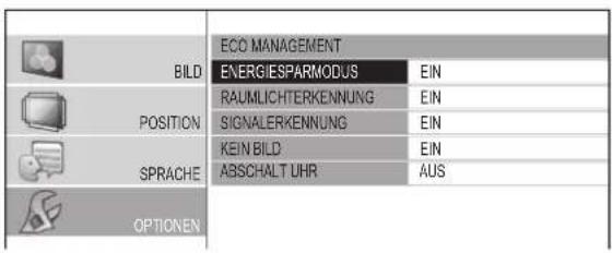 ECO MANAGEMENT BILD ENERGIESPARMODIJS EIN POSITION RAUMLICHTERKENNUNG EIN SIGNALERKENNUNG EIN SPRACHE KEIN BILD EIN ABSCHALT UHR AUS OPTIONEN