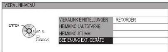 VIERALINK-MENU ENTER HAHL ZURUCK VIERALINK EINSTELLUNGEN RECORDER HEIMKINO-LAUTSTÄRKE HEIMKINO-STUMM BEDIENUNG EXT. GERÄTE