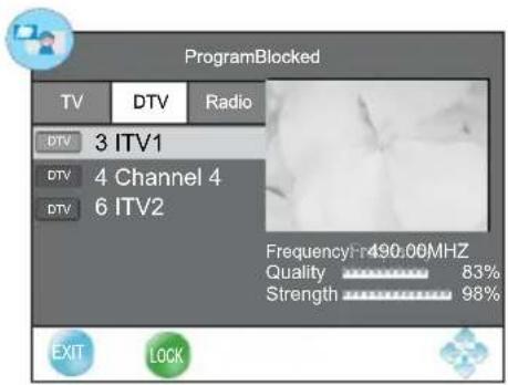 ProgramBlocked TV DTV Radio DTV 3 ITV1 DTV 4 Channel 4 DTV 6 ITV2 FrequencyFr490.00MHZ Quality 83% Strength 98% EXIT LOCK