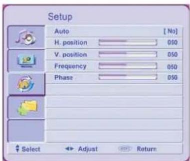 Setup Auto [ No] H. position 050 V. position 050 Frequency 050 Phase 050 Select Adjust Return