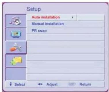 Setup Auto installation Manual installation PR swap Select Adjust Return