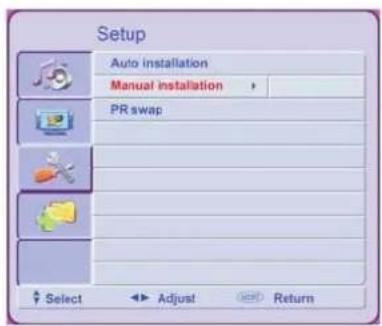 Setup Auto installation Manual installation > PR swap Select Adjust Return