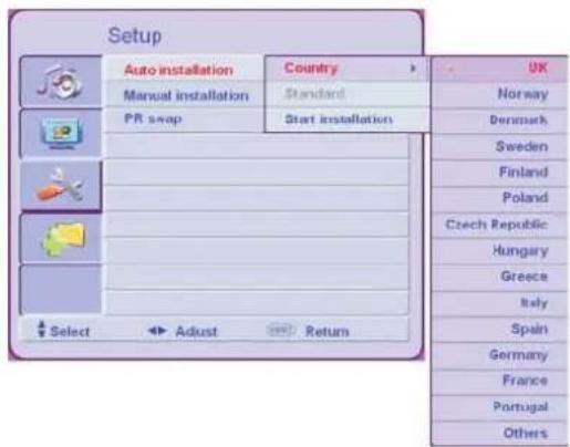 Setup Auto installation Country Manual installation Standard PR swap Start installation UK Norway Denmark Sweden Finland Poland Czech Republic Hungary Greece Italy Spain Germany France Portugal Others Select Adjust Return