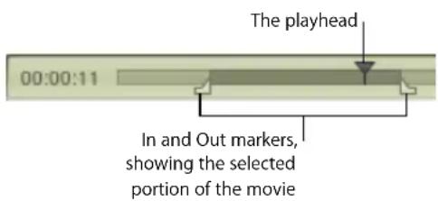The playhead 00:00:11 In and Out markers, showing the selected portion of the movie