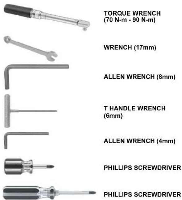 TORQUE WRENCH (70 N-m - 90 N-m) WRENCH (17mm) ALLEN WRENCH (8mm) T HANDLE WRENCH (6mm) ALLEN WRENCH (4mm) PHILLIPS SCREWDRIVER PHILLIPS SCREWDRIVER