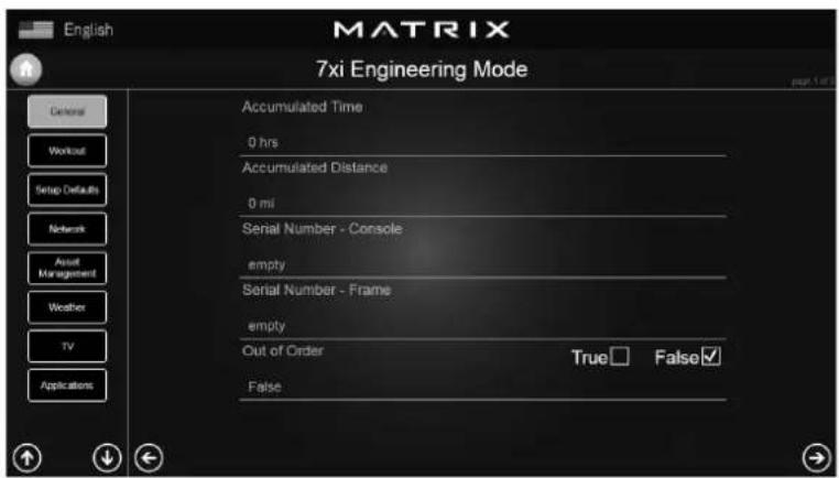 English MATRIX 7xi Engineering Mode Accumulated Time 0 hrs Accumulated Distance 0 mi Serial Number - Console empty Serial Number - Frame empty Out of Order True □ False ✓ False
